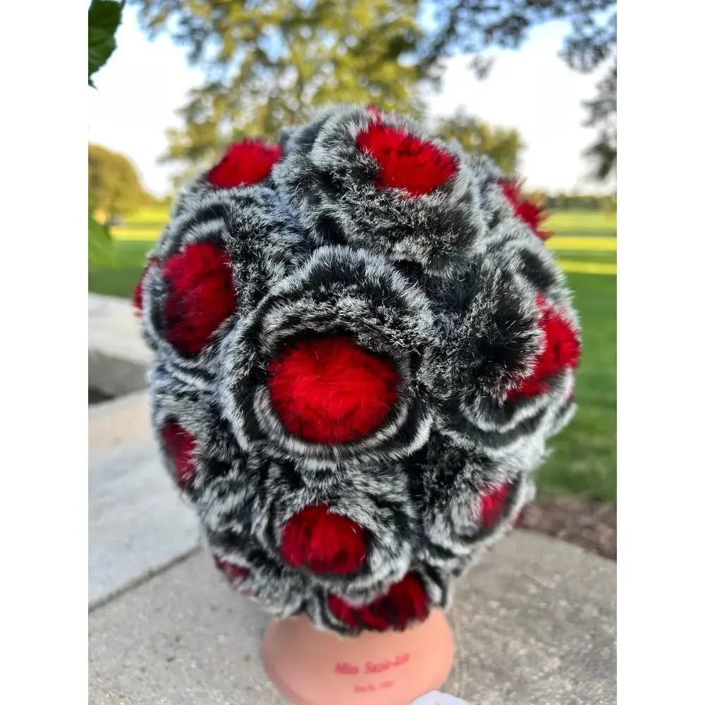 Knitted rex rabbit fur beanie hat textured rose/floral  Red, black and white